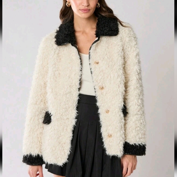 Women's Casual Loose Black And White Color Block Single Breasted Fluffy Jacket - Picture 1 of 6
